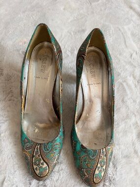 J. Crew Teal and Brown Paisley Pointed Pumps